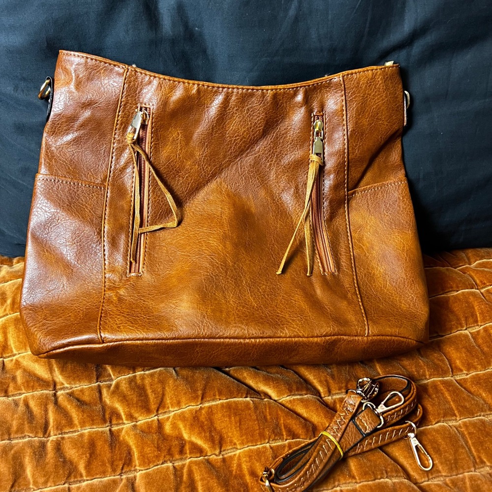 Cognac Brown Faux Leather Hobo‎ Bag with Detachable Crossbody Strap and Tassels